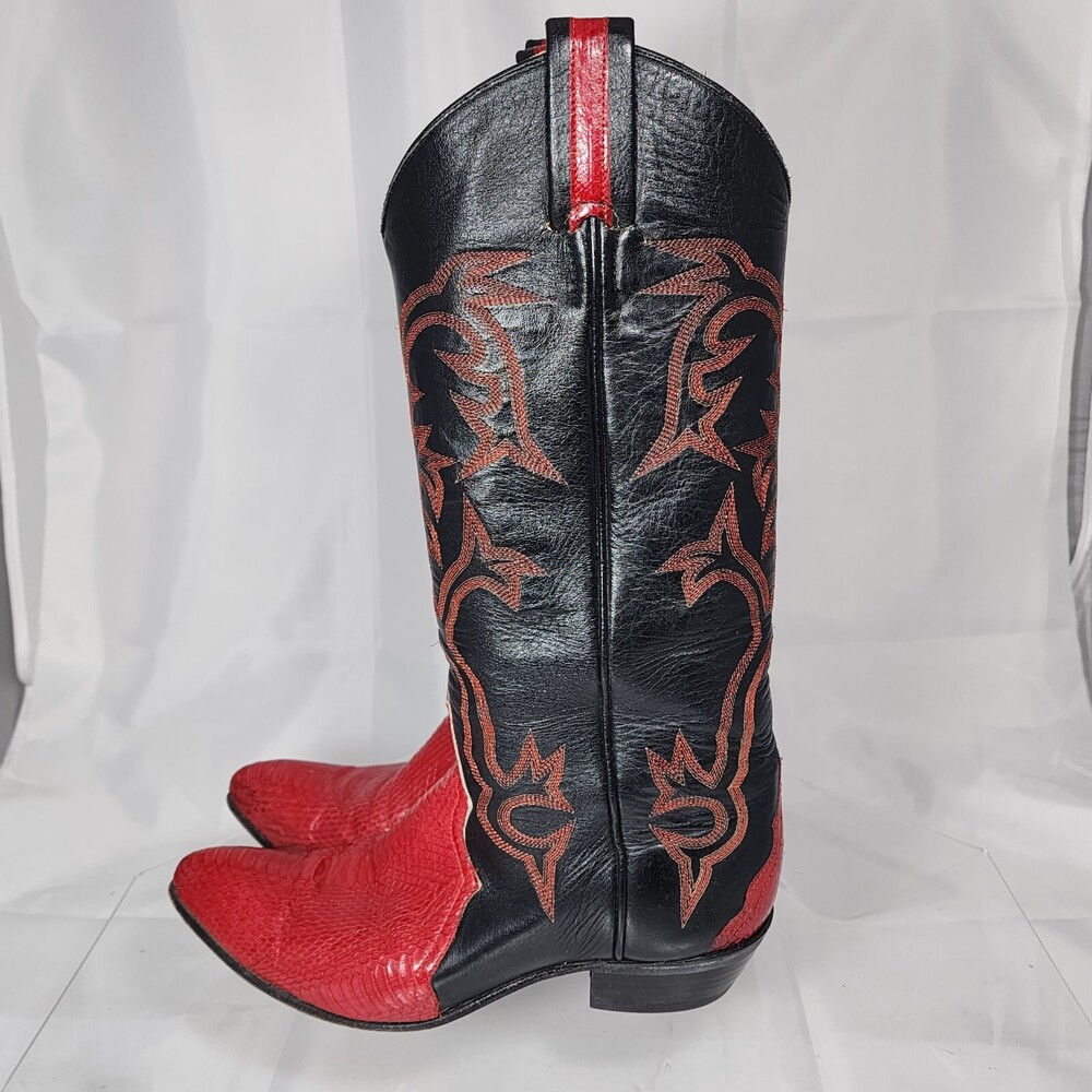 Vintage 80s Larry Mahan Women 7.5 Black/Red Snake Skin/Leather Cowboy Boots 5051